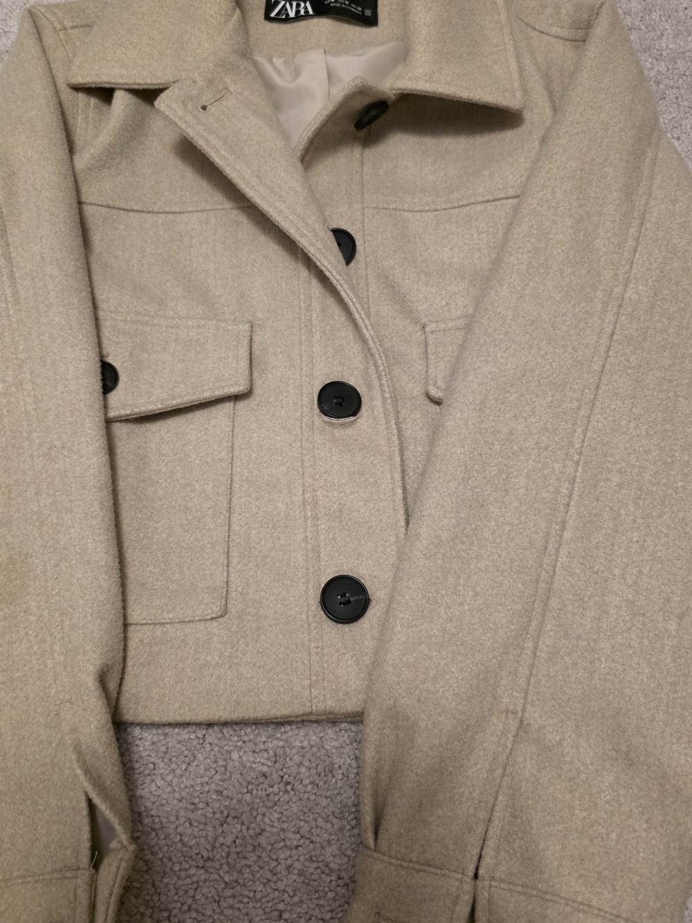Zara Beige Wool-Blend Pea Coat with Black Buttons